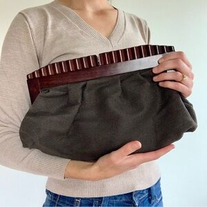 Old Navy Vintage Wood Frame Clutch Bag Purse Jute Cotton Olive Green Boho Y2K